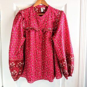 Joie Magenta Pink Cotton Ruffled Peasant Tunic Top